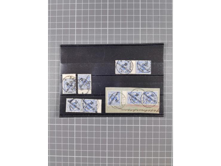 1896, 10 P. auf 20 Pfg. im senkrechten Zwischenstegpaar und vier weitere Marken mit Zwischensteg oben bzw. unten, alle sauber