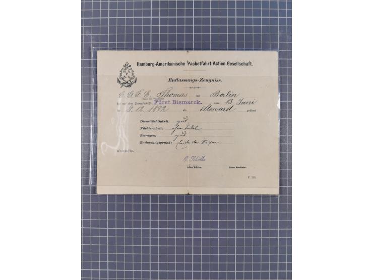 1892/1956, kleine Partie Schiffspost, Schwerpunkt nach 1930, dabei u.a. 1892 Entlassungs-Zeugniss von “Hamburg-Amerikanische 