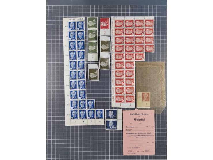 1949/53, postfrische Partie, fast ausschließlich in Bogen teilen und Bogen, dabei Bach (50), Köpfe II (ca. 10), etc.