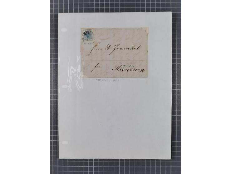 181848/1949, sechs interessante Briefe und eine Ganzsache aus TRIEST mit u.a. kpl. Faltbrief 1856 mit 6 Kr.-Frankatur und L2 