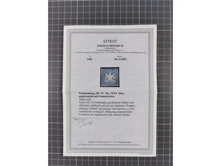 1851/67 (ca.), ungebrauchte und gestempelte kleine Partie besserer Werte, dabei Württemberg Mi. 3b, 5 und 10 a je ungebraucht