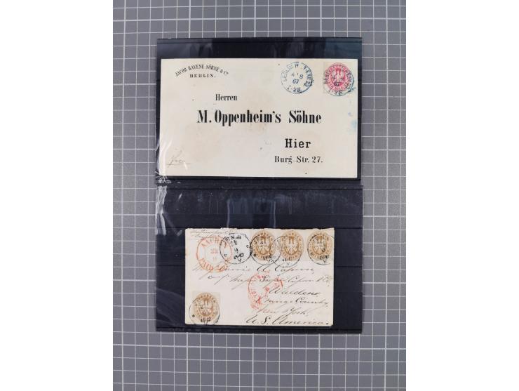 1864/67, 4 schöne Briefe mit Einzel- bzw. Mehrfachfrankaturen der Mi. 16 und 18, dabei Briefe nach London und New York