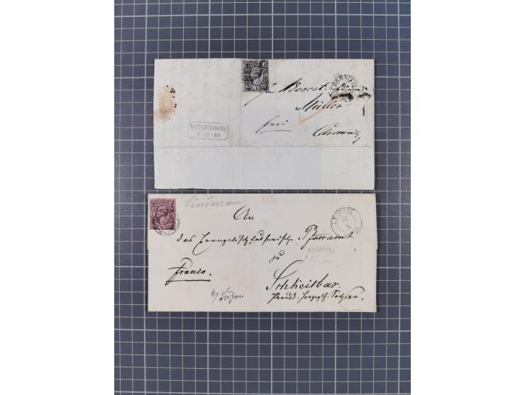 1859/70, 8 Briefe und eine Ganzsache mit rückseitigen Briefsammlung-Stempeln, einmal nachverwendet; dabei "GRÖTZSCH", "REUTH"