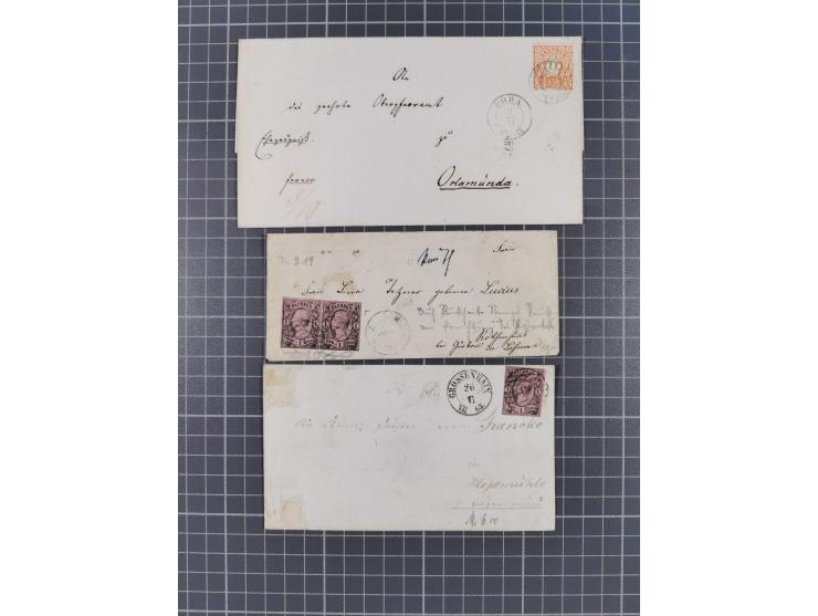 1859/70, 8 Briefe und eine Ganzsache mit rückseitigen Briefsammlung-Stempeln, einmal nachverwendet; dabei "GRÖTZSCH", "REUTH"