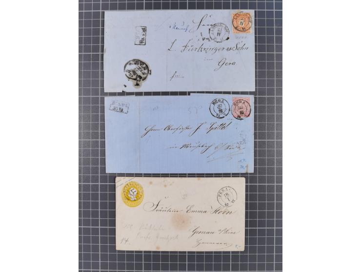 1859/70, 8 Briefe und eine Ganzsache mit rückseitigen Briefsammlung-Stempeln, einmal nachverwendet; dabei "GRÖTZSCH", "REUTH"