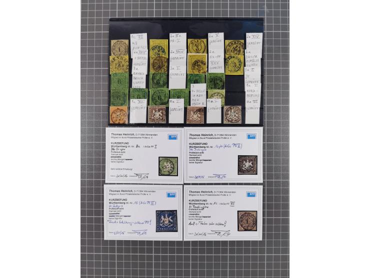 1851/69, interessante Partie mit ca. 50 verschiedenen Plattenfehlern auf &nbsp;gestempelten Kreuzer-Marken mit besseren, dabe