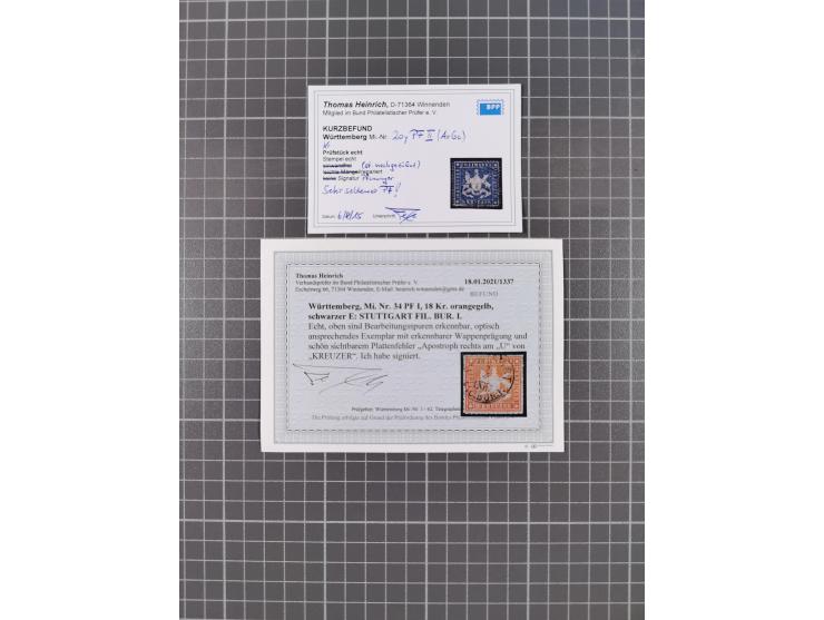 1851/69, interessante Partie mit ca. 50 verschiedenen Plattenfehlern auf &nbsp;gestempelten Kreuzer-Marken mit besseren, dabe