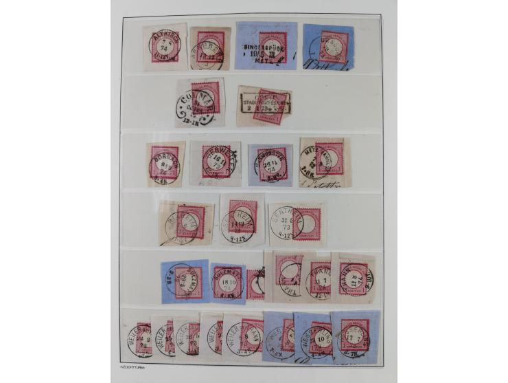 1872/74, interessante gestempelte Sammlung mit vielen Briefstücken, bessere Stempel inkl. Bahnpost und ca. fast 50 frankierte