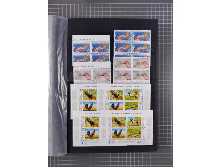 1960/2004, Stamps in blocks, all mint never hinged, including complete sheet animals 1979, 43 souvenir sheets, very fine.
