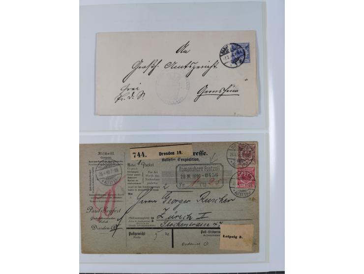 1890/1900, Krone/Adler, ca. 60 Briefe, Karten und Ganzsachen mit interessanten Stempeln, Frankaturen und Destinationen, dabei