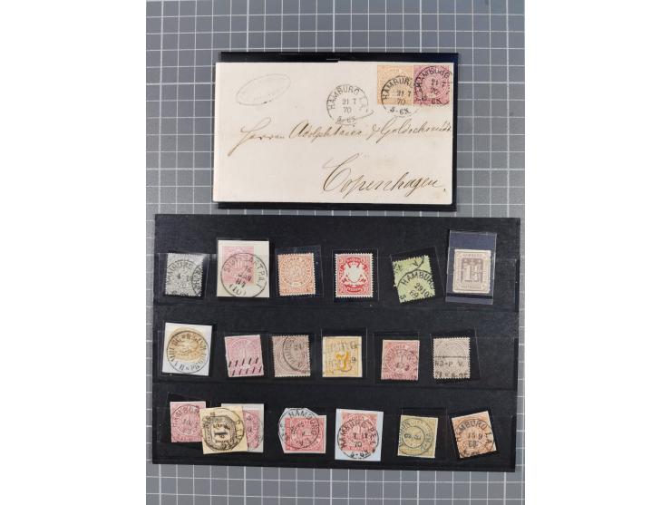 1851/70, Partie mit acht Briefen bzw. GSU und einer Vorderseite (Postvorschuss-Brief mit NDP 17,18+25) sowie einigen losen Ma