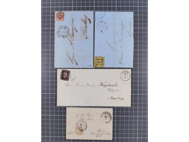 1851/70, Partie mit acht Briefen bzw. GSU und einer Vorderseite (Postvorschuss-Brief mit NDP 17,18+25) sowie einigen losen Ma
