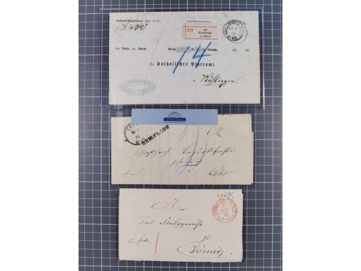 1872/74, sechs markenlose Briefe in besseren Verwendungen, dabei zwei Briefe mit Franco-Stempeln von Schwerin und Stettin, zw