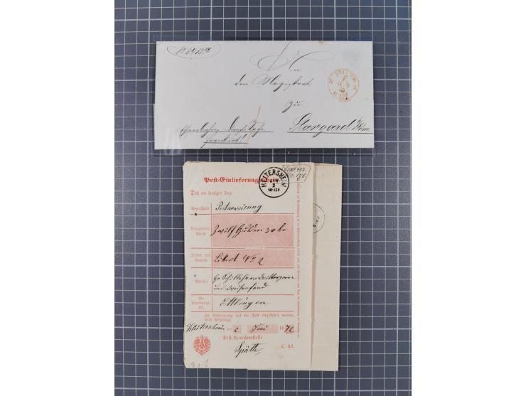 1872/74, sechs markenlose Briefe in besseren Verwendungen, dabei zwei Briefe mit Franco-Stempeln von Schwerin und Stettin, zw