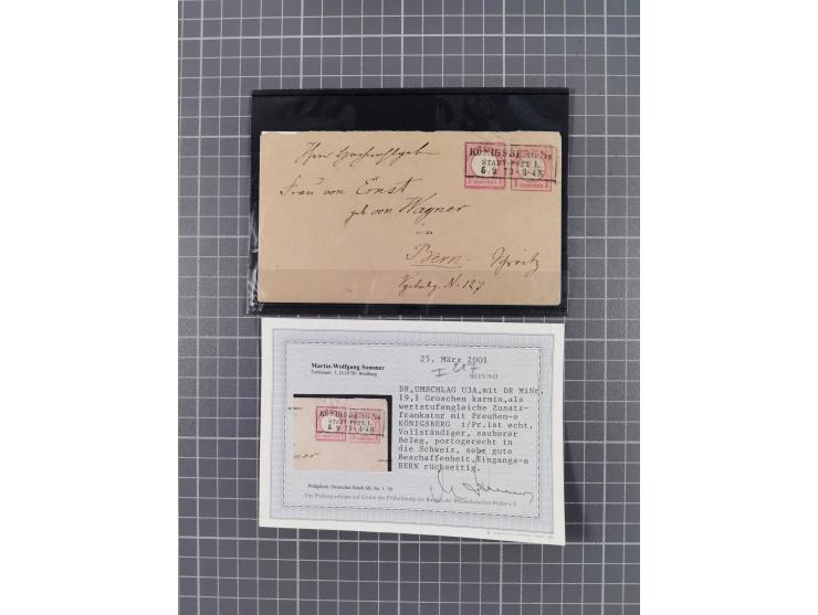 1872/74, sechs Ganzsachenkarten und Umschläge mit Besonderheiten bzw. interessanten Stempeln, dabei u.a. P1 mit Stempel “ZWIC