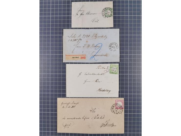 1872/74, fünf interessante Stempel auf Briefen und einer Ganzsache mit Hufeisenstempeln von “ELBERFELD”, “GRIMMEN” und “LÜBEC