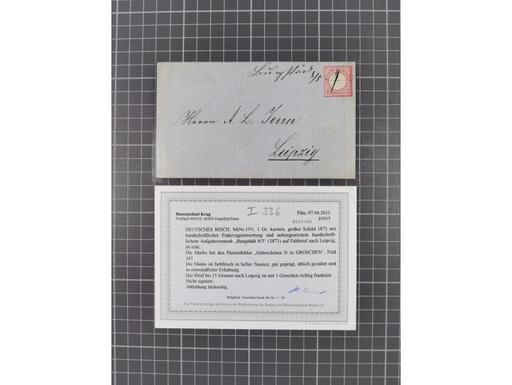 1872/74, fünf interessante Stempel auf Briefen und einer Ganzsache mit Hufeisenstempeln von “ELBERFELD”, “GRIMMEN” und “LÜBEC