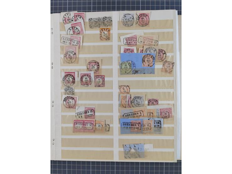 ANNABERG bis ZWICKAU, Sammlung der Nummern- und Ortsstempel, nachverwendet auf über 500 Marken und Briefstücken NDP und Dt. R