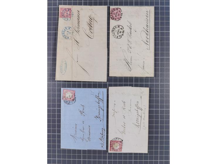 1866/76, kleine alte Partie mit etwa 70 Marken und Briefstücken und 22 Briefen und Ganzsachen, dabei "GRAUDENZ, "HERFORD", "L