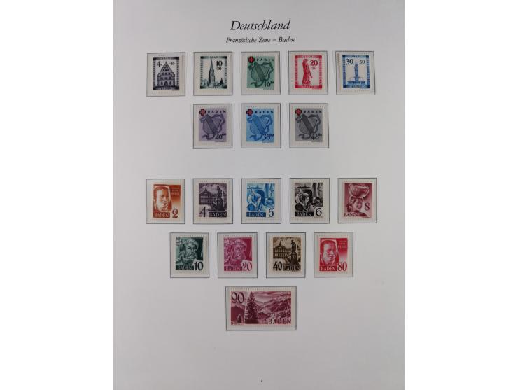 1945/49, postfrische Sammlungen Französische Zone bis auf Baden Mi.-Nr. 53 kpl. inkl. Blocks sowie Bizone in den Hauptnummern