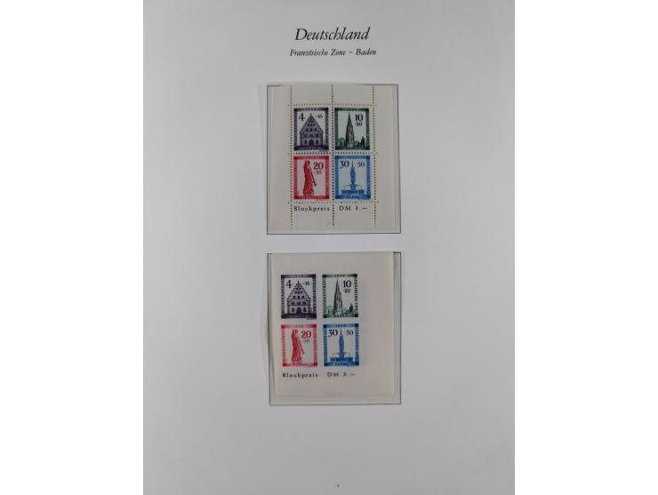 1945/49, postfrische Sammlungen Französische Zone bis auf Baden Mi.-Nr. 53 kpl. inkl. Blocks sowie Bizone in den Hauptnummern