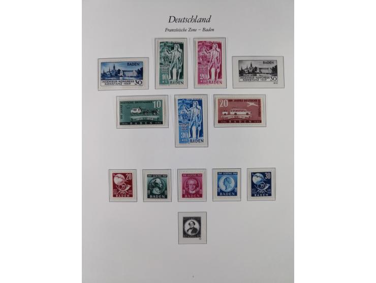 1945/49, postfrische Sammlungen Französische Zone bis auf Baden Mi.-Nr. 53 kpl. inkl. Blocks sowie Bizone in den Hauptnummern