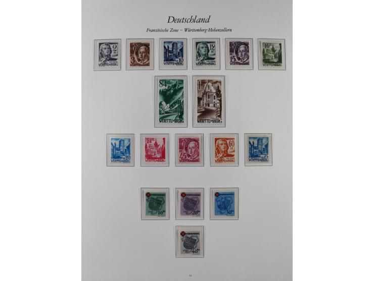 1945/49, postfrische Sammlungen Französische Zone bis auf Baden Mi.-Nr. 53 kpl. inkl. Blocks sowie Bizone in den Hauptnummern