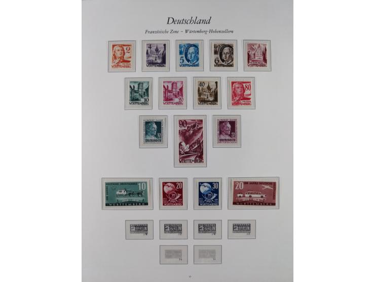 1945/49, postfrische Sammlungen Französische Zone bis auf Baden Mi.-Nr. 53 kpl. inkl. Blocks sowie Bizone in den Hauptnummern