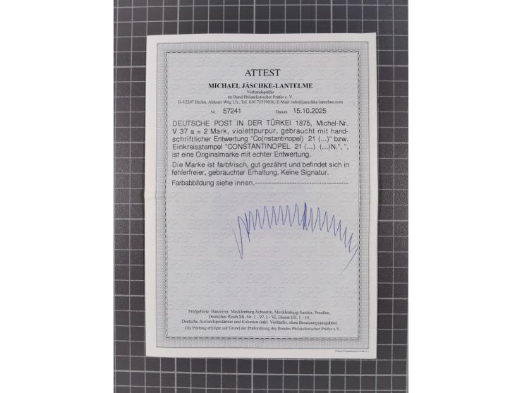 1875, 2 M. violettpurpur mit handschriftlicher Entwertung “Co(stantinopel” und zusätzlichem EKr. “CONSTANTINOPEL 21…”. Die fa
