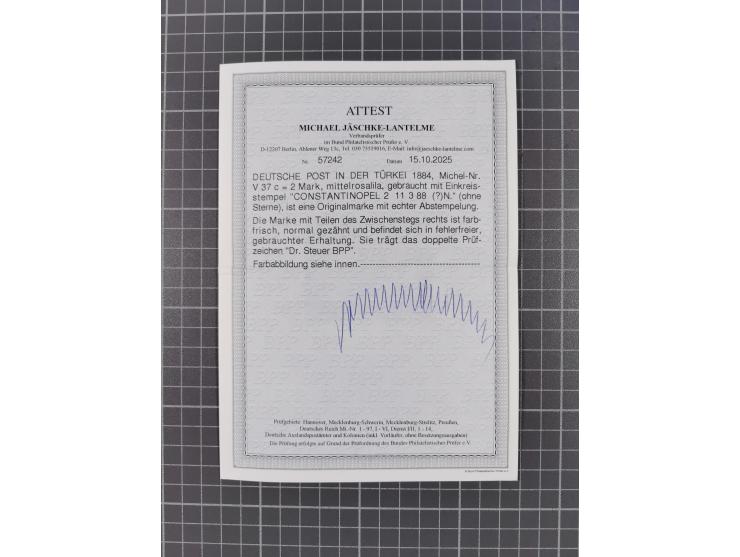 1884, 2 M. mittelrosalila mit Teil des Zwischenstegs rechts, mit etwas undeutlichem Stempel “CONSTANTINOPEL DP 2 2.11.88” (oh