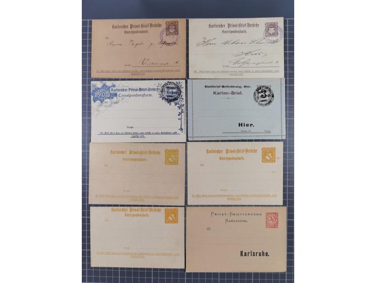 Karlsruhe, Partie mit 17 ungebrauchten/gebrauchten Ganzsachen und Postkarten-Formulare diverser Anstalten und Privat-Brief-Ve