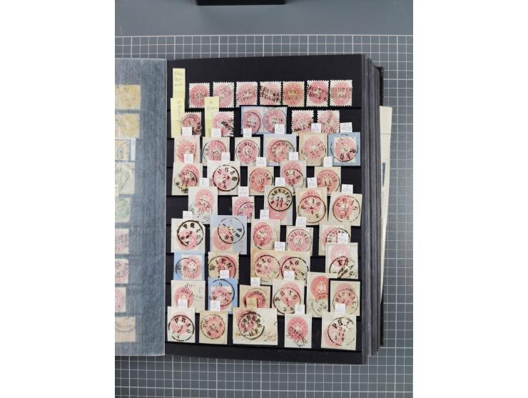 1850/1958 (ca.), reichhaltiger ungebrauchter und gestempelter Doubletten-Bestand, mit einigen Briefen, die erste Ausgabe mit 