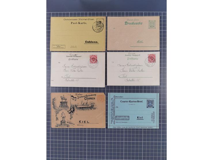 Kiel-Courier: 1895/1900, Partie mit Mi.-Nr. 3 auf zwei Postkarten und Mi.-Nr. 1210 auf Brief sowie 16 ungebrauchte und gebrau