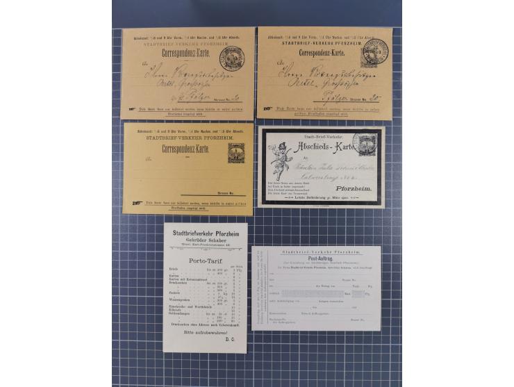 Pforzheim-Stadtbrief-Verkehr: 1896/1900, Partie mit vier ungebrauchten und gebrauchten GSK und zwei Formulare. Dabei u.a. P15