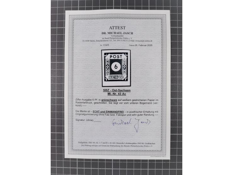 1945, Ziffer 6 Pfg. grünlichschwarz, postfrisch, tadellos, Unsigniert, Fotoattest Dr. Jasch BPP (2026)