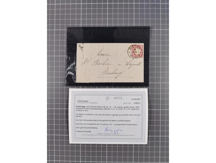 1872/74 (ca.), 16 frankierte Briefe/KarteGanzsache, dabei Auslandsbriefe, 'Muster ohne Wert', GAA, etc. 6 Atteste/Befund. Daz