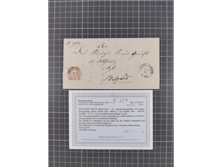 1872/74 (ca.), 16 frankierte Briefe/KarteGanzsache, dabei Auslandsbriefe, 'Muster ohne Wert', GAA, etc. 6 Atteste/Befund. Daz