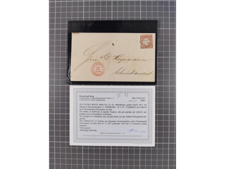 1872/74 (ca.), 16 frankierte Briefe/KarteGanzsache, dabei Auslandsbriefe, 'Muster ohne Wert', GAA, etc. 6 Atteste/Befund. Daz