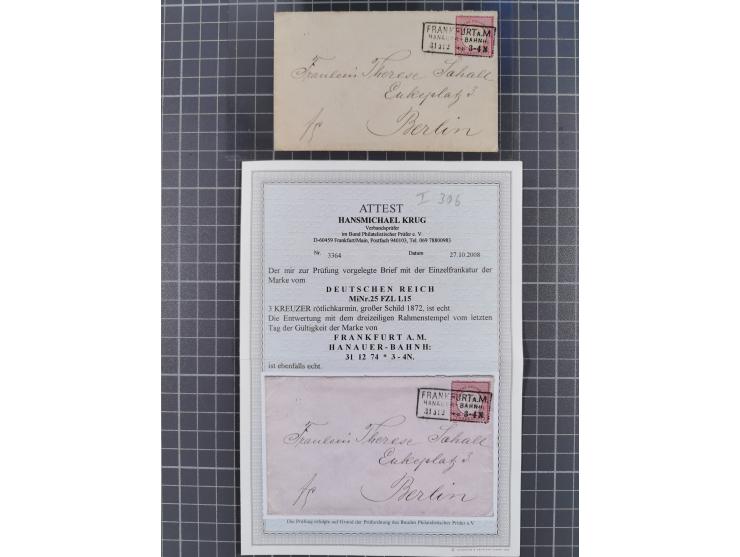 1872/74 (ca.), 16 frankierte Briefe/KarteGanzsache, dabei Auslandsbriefe, 'Muster ohne Wert', GAA, etc. 6 Atteste/Befund. Daz