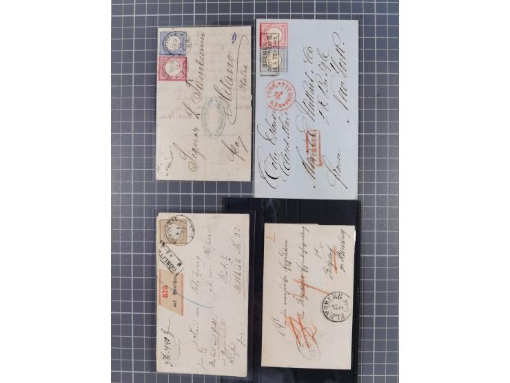 1872/74 (ca.), 16 frankierte Briefe/KarteGanzsache, dabei Auslandsbriefe, 'Muster ohne Wert', GAA, etc. 6 Atteste/Befund. Daz