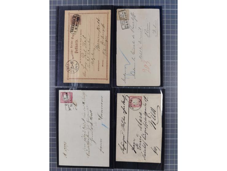 1872/74 (ca.), 16 frankierte Briefe/KarteGanzsache, dabei Auslandsbriefe, 'Muster ohne Wert', GAA, etc. 6 Atteste/Befund. Daz