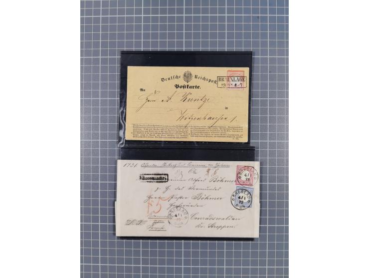 1872/74 (ca.), 16 frankierte Briefe/KarteGanzsache, dabei Auslandsbriefe, 'Muster ohne Wert', GAA, etc. 6 Atteste/Befund. Daz