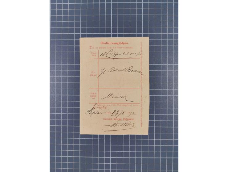 1892/1912, Partie mit Posteinlieferungsschein von “Stephansort” 1892 sowie zwei R-Briefen von Finschhafen 1904 und Friedrichs