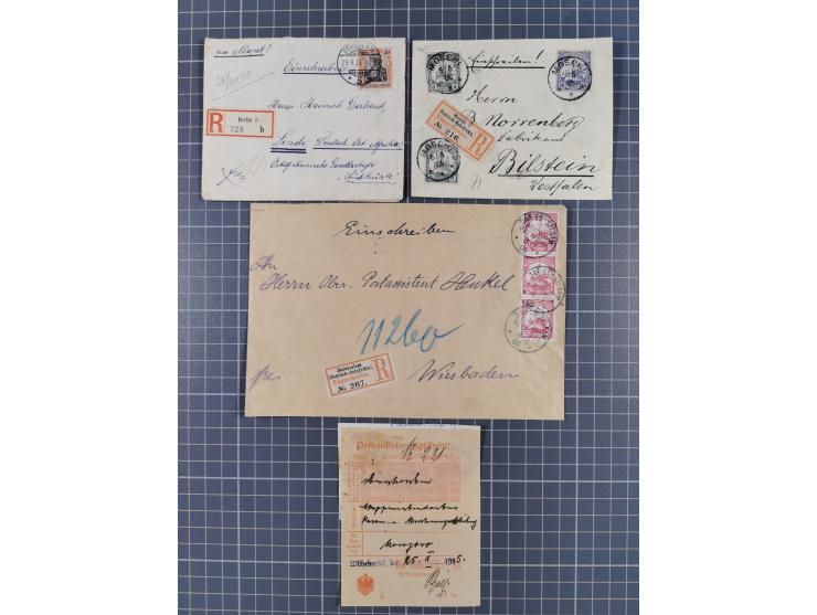 1896/1915, Partie mit 10 R-Briefen inkl. einem R-Brief nach DOA, einer R-Briefvorderseite aus Wilhelmstal 1914 und sieben ver