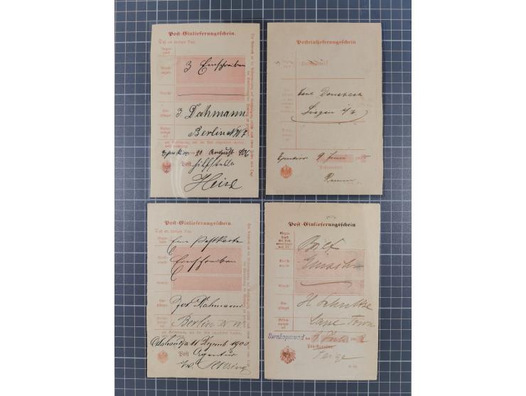 1899 &nbsp;/1913, Partie mit 14 verschiedenen Postscheinen, dabei handschriftliche Ortsvermerke, einige mit Innendienst-Stemp