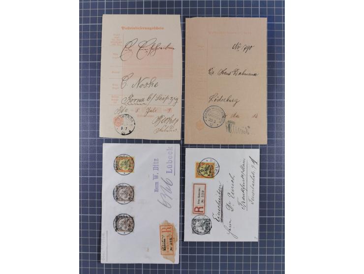 1904/19, 24 R-Briefe inkl. einiger Belege aus der Besatzungszeit mit alten deutschen R-Zetteln. Dabei bessere Stempel von “AK