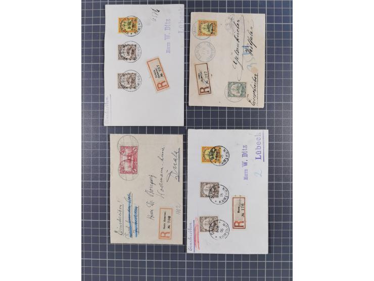 1904/19, 24 R-Briefe inkl. einiger Belege aus der Besatzungszeit mit alten deutschen R-Zetteln. Dabei bessere Stempel von “AK