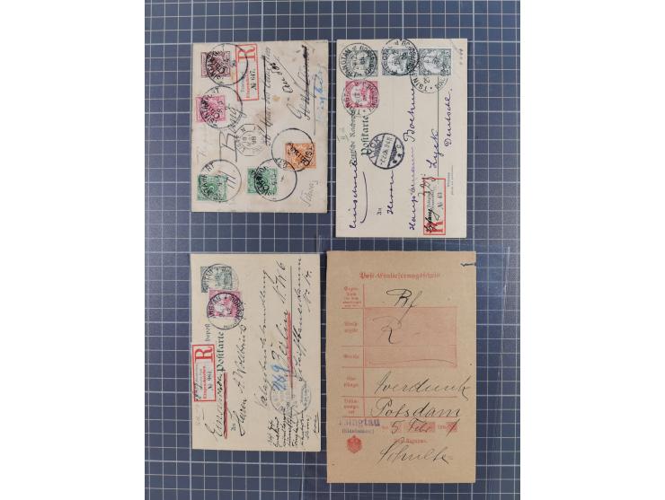 1898/1913, Partie mit 10 R-Briefen/Karten und einem Posteinlieferungsschein mit blauem L2 “Tsingtau (Kiautschou)”. Dabei bunt