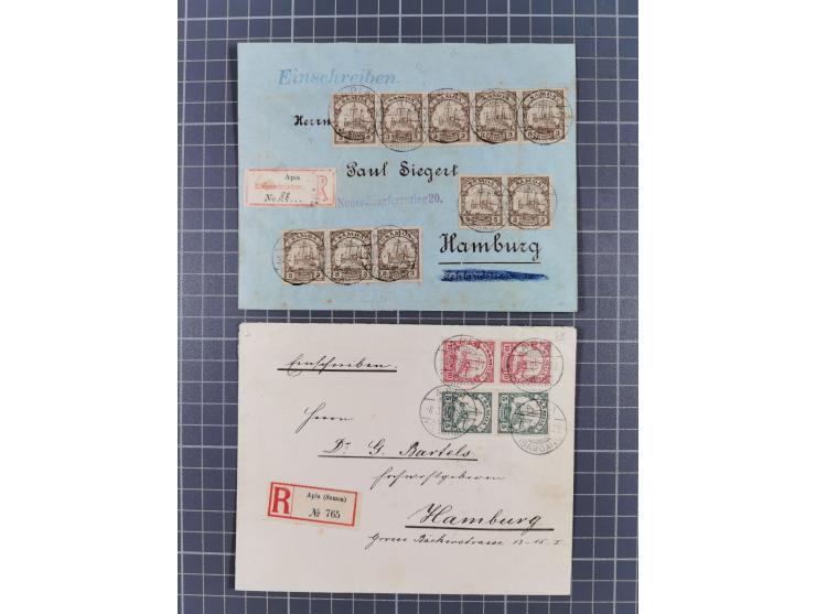 1905/10, Partie mit drei R-Briefen von Apia, dabei Mehrfachfrankatur Mi.-Nr.7 (10) auf R-Brief 1906 mit geschnittenem R-Zette