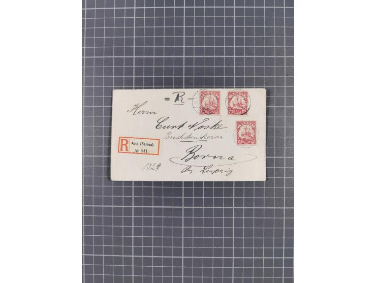 1905/10, Partie mit drei R-Briefen von Apia, dabei Mehrfachfrankatur Mi.-Nr.7 (10) auf R-Brief 1906 mit geschnittenem R-Zette